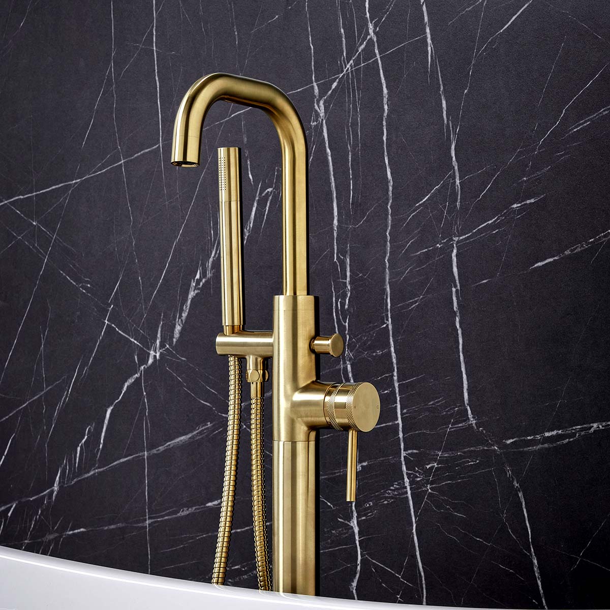 Core Freestanding Bath Shower Mixer Brushed Brass | Scudo Bathrooms